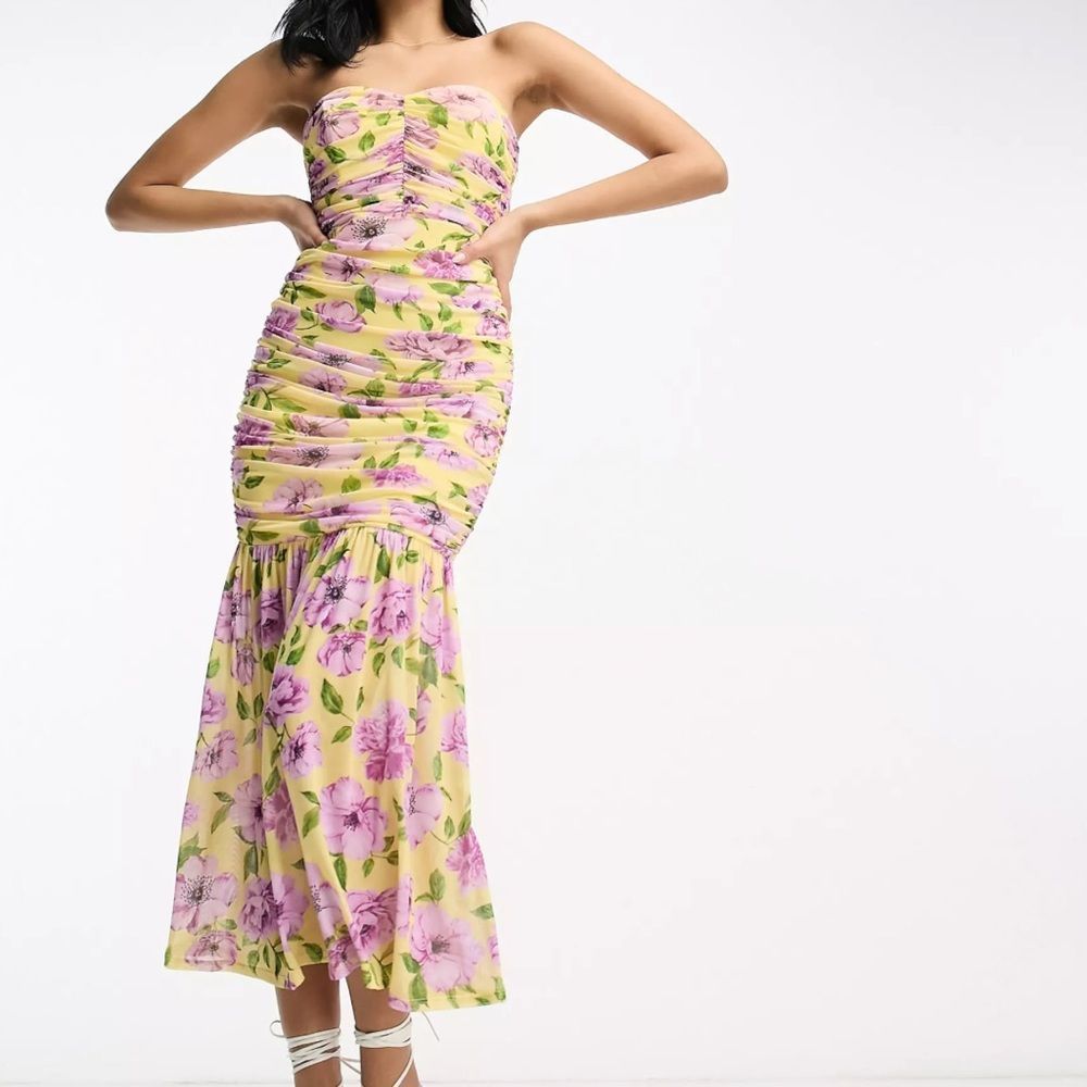 ASOS Design Mesh Ruched Bandeau Strapless Maxi Floral Dress Size 6